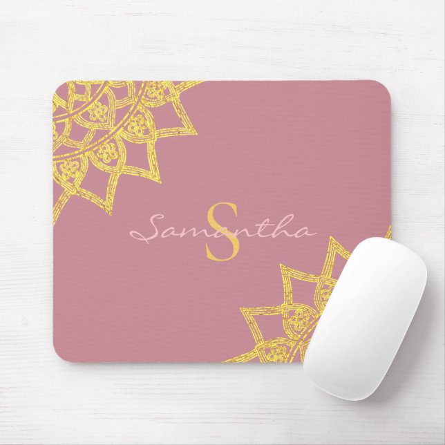 Rose Gold Monogram Elegant Floral Mandala Mouse Pad (With Mouse)