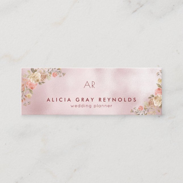 Rose Gold Monogram Elegant Floral Wedding Planner Mini Business Card (Front)
