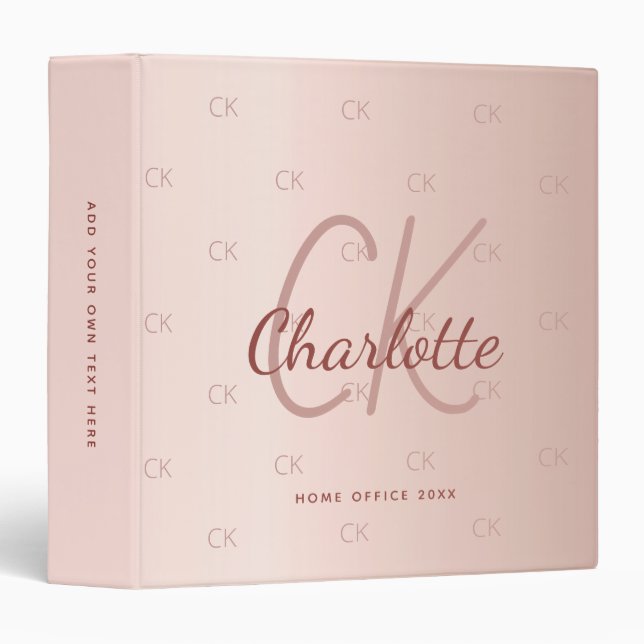 Rose gold monogram elegant script office school 3 ring binder (Front/Spine)