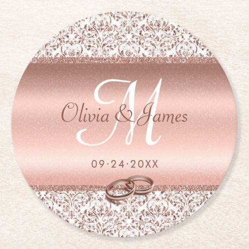Rose Gold Monogram Elegant Wedding  Round Paper Coaster