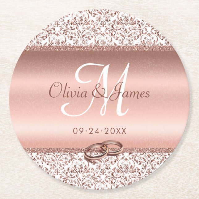 Rose Gold Monogram Elegant Wedding  Round Paper Coaster (Front)