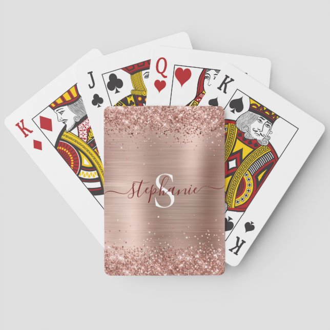 Rose Gold Monogram Faux-Glitter Girly Glam Poker Cards (Back)