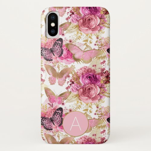 Rose Gold Monogram Floral Butterfly Pattern iPhone XS Case