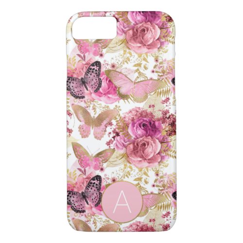 Rose Gold Monogram Floral Butterfly Pattern iPhone 87 Case