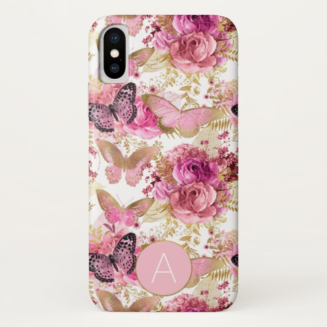 Rose Gold Monogram Floral Butterfly Pattern Case-Mate iPhone Case (Back)