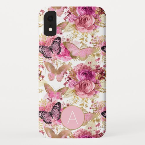 Rose Gold Monogram Floral Butterfly Pattern iPhone XR Case