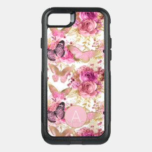 Rose Gold Monogram Floral Butterfly Pattern OtterBox Commuter iPhone SE/8/7 Case