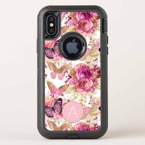 Rose Gold Monogram Floral Butterfly Pattern OtterBox Defender iPhone XS Case