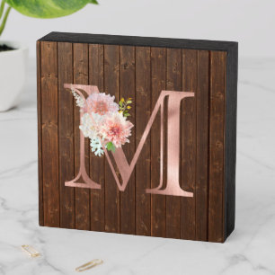 Rose Gold Monogram Foil Letter M Flower Gift Wooden Box Sign