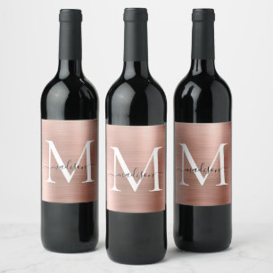 Rose Gold Monogram Girly Script Metallic Steel Wine Label