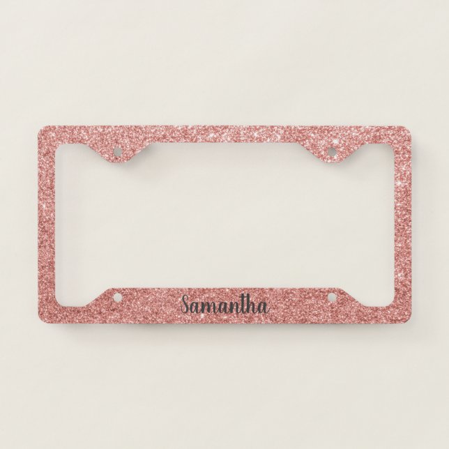 Rose Gold Monogram Glitter and Sparkle Script License Plate Frame (Front)
