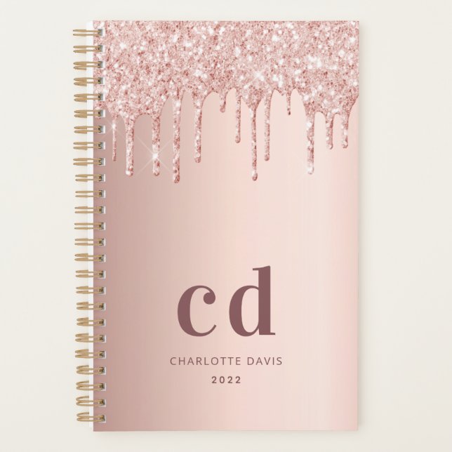 Rose gold monogram glitter drips glamorous planner (Front)