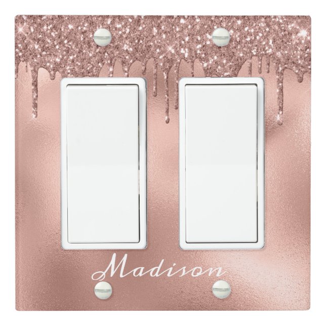 Rose gold Monogram Glitter Drips Pretty Girly Light Switch Cover (In Situ)
