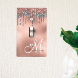 Rose gold Monogram Glitter Drips Pretty Girly Light Switch Cover