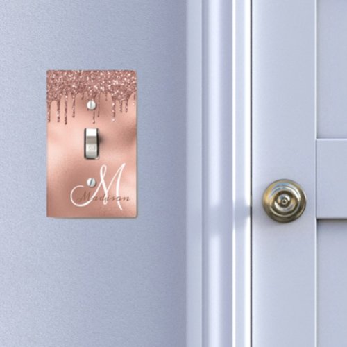 Rose gold Monogram Glitter Drips Pretty Girly Light Switch Cover