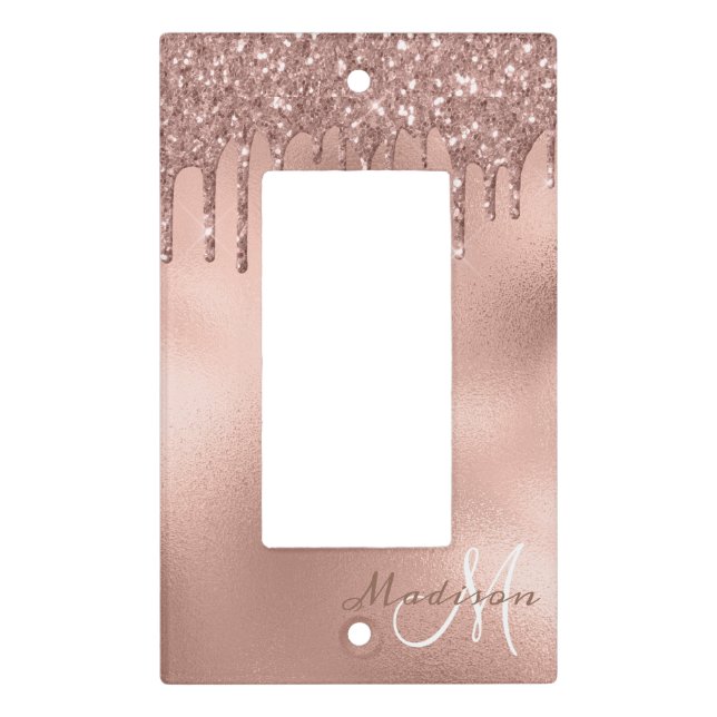 Rose gold Monogram Glitter Drips Pretty Girly Light Switch Cover (Front)