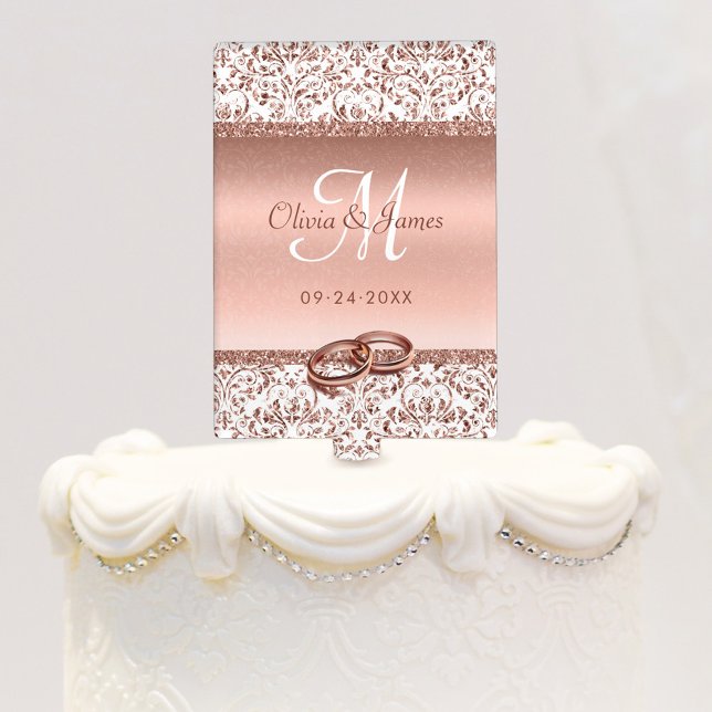 Rose Gold Monogram Glitter Elegant Wedding  Cake Topper (Creator Uploaded)