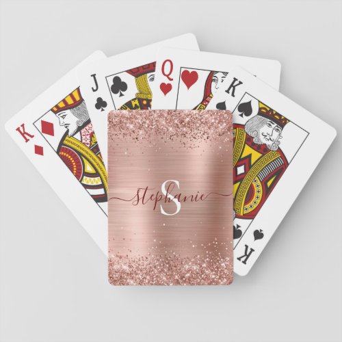 Rose Gold Monogram Glitter Girly Glam Poker Cards