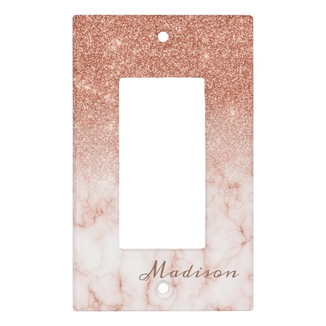 Rose gold Monogram Glitter Marble Pretty Girly Light Switch Cover (Front)