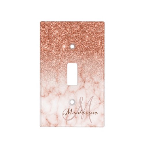 Rose gold Monogram Glitter Marble Pretty Girly Light Switch Cover