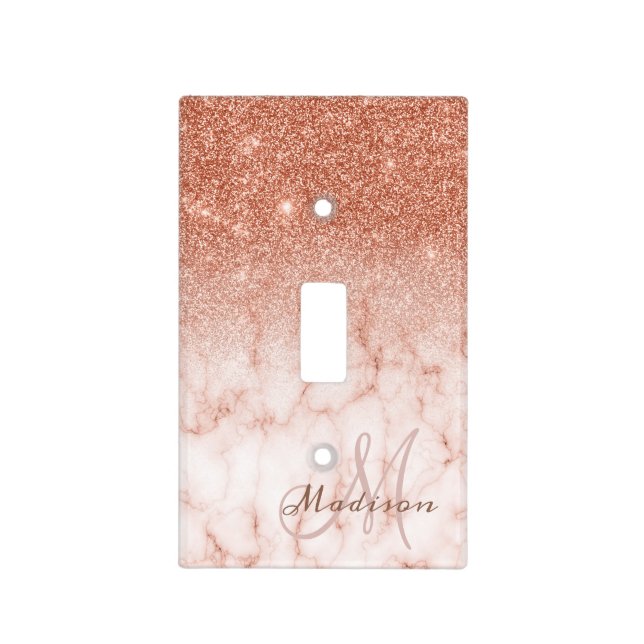 Rose gold Monogram Glitter Marble Pretty Girly Light Switch Cover (Front)