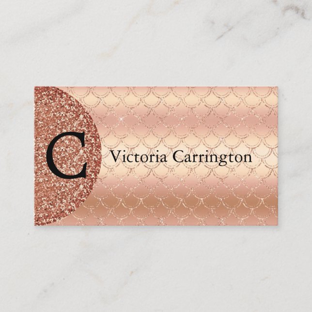 Rose Gold Monogram Glitter Mermaid Pattern Bling Business Card (Front)