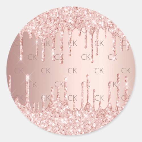 Rose gold monogram initials glitter drips classic round sticker