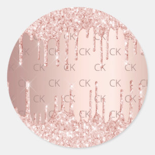 Rose gold monogram initials glitter drips classic round sticker