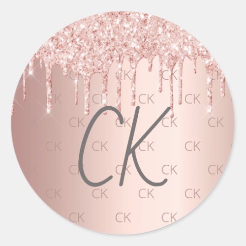 Rose gold monogram initials glitter drips classic round sticker