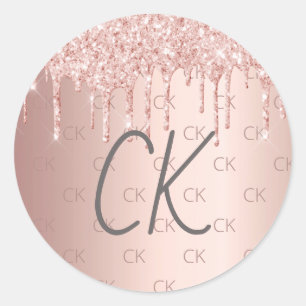 Rose gold monogram initials glitter drips classic round sticker