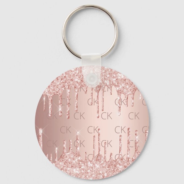 Rose gold monogram initials glitter drips keychain (Front)