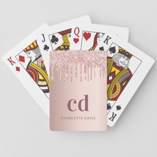 Rose gold monogram initials glitter drips poker cards