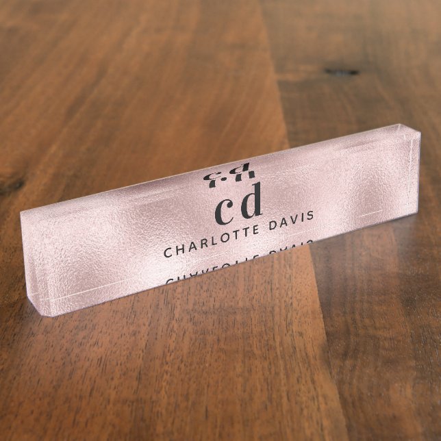 Rose gold monogram initials minimalist  desk name plate (Side)