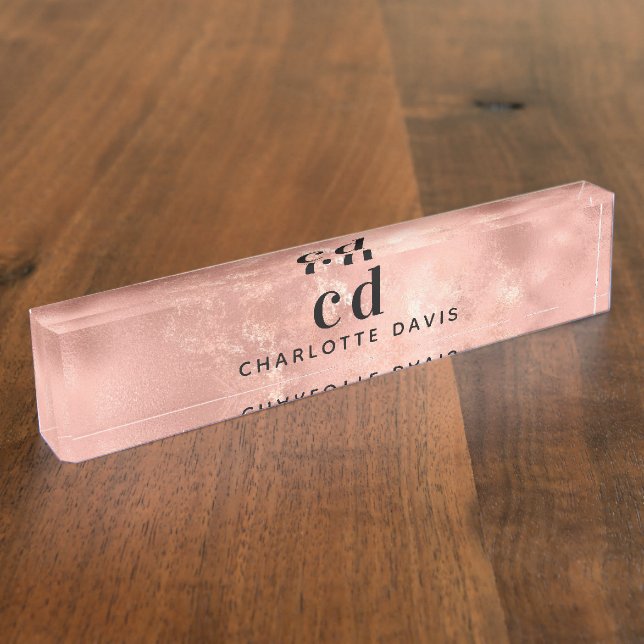 Rose gold monogram initials modern desk name plate (Side)