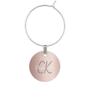 Rose gold monogram initials name minimalist wine charm
