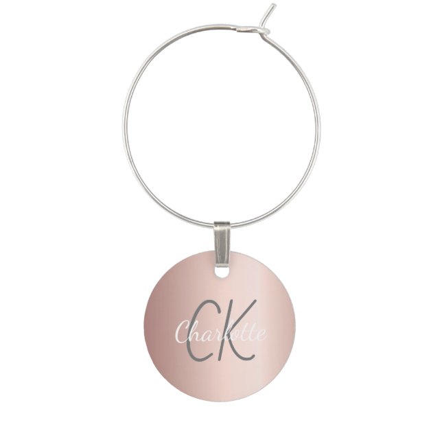 Rose gold monogram initials name minimalist wine charm (Front)