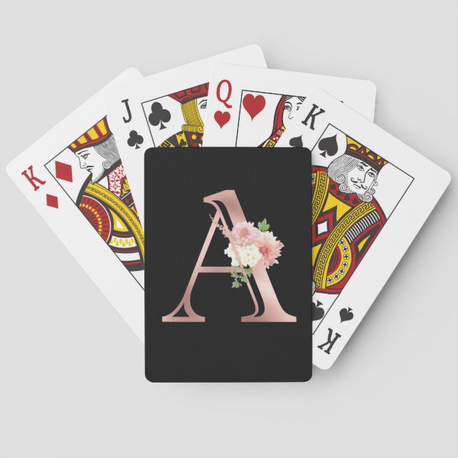 Rose Gold Monogram Letter A Blush Pink Flower Foil Poker Cards (Back)