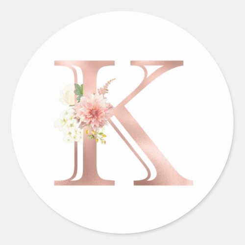 Rose Gold Monogram Letter K Blush Pink Flower Foil Classic Round Sticker