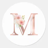 Elegant Pink Floral Monogram Initial Gold Letter M Classic Round Sticker