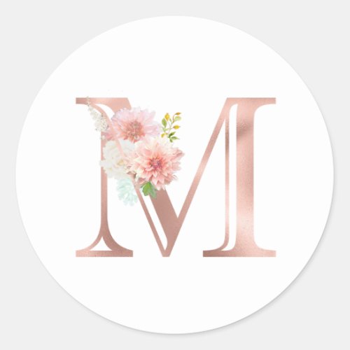 Rose Gold Monogram Letter M Blush Pink Flower Foil Classic Round Sticker