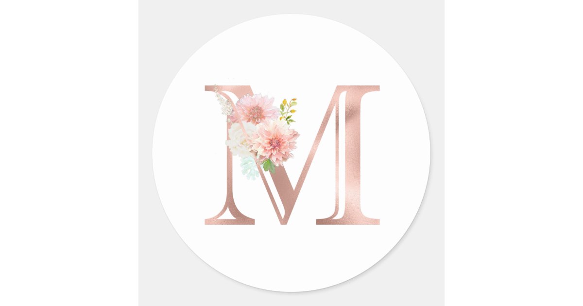 Feminine Faux Gold Foil Floral Letter M Monogram Square Sticker