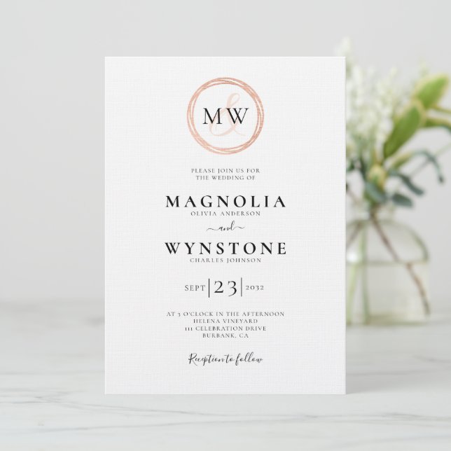 Rose Gold Monogram Linen Luxury Wedding Invitation (Standing Front)