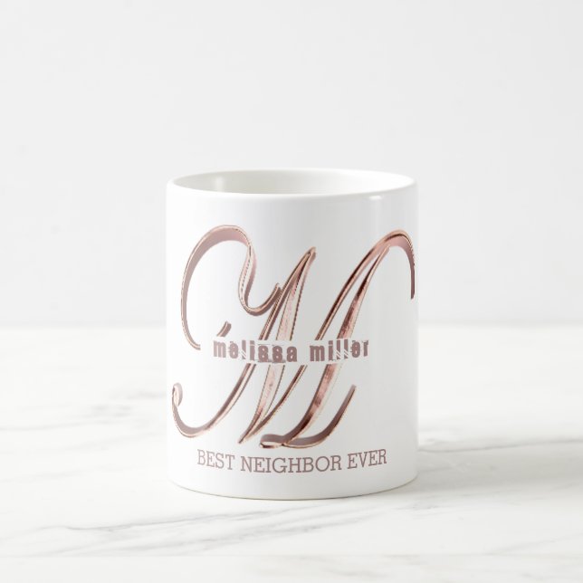 Rose Gold Monogram M Custom Text Best Neighbor Coffee Mug (Center)