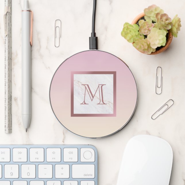 Rose Gold Monogram Marble Wireless Charger (Desk)