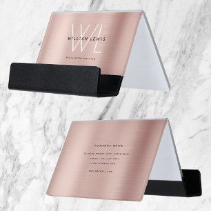 Rose Gold Monogram Modern Minimalist Desk Business Card Holder