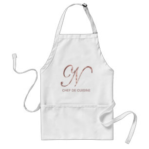 Rose Gold Monogram N Chef de Cuisine or Your Text Adult Apron
