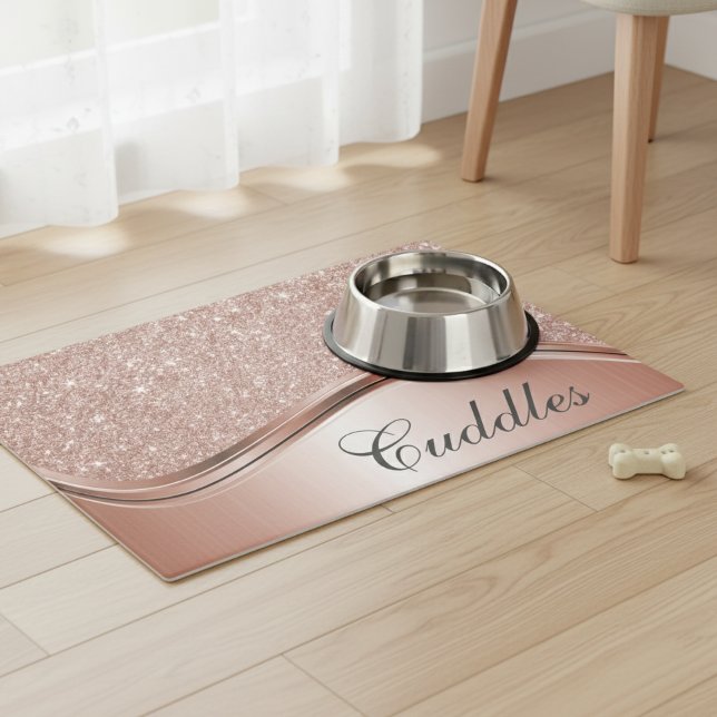 Rose Gold Monogram Name Dog Cat Pet Food Mat (Creator Uploaded)