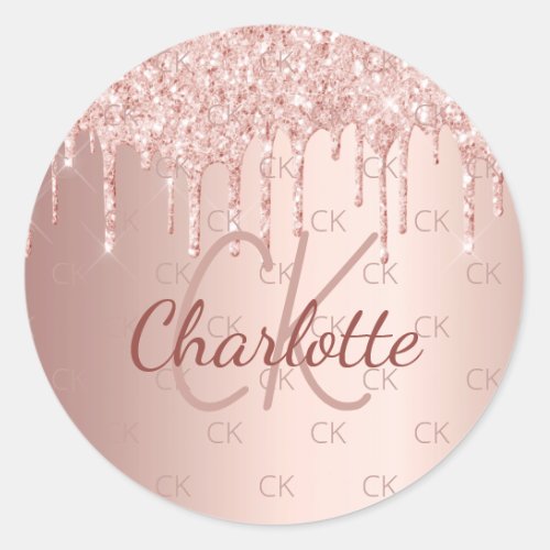 Rose gold monogram name glitter drips  classic round sticker