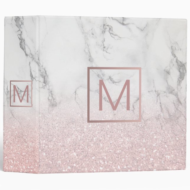 rose gold monogram ombre glitter white marble 3 ring binder (Front/Spine)