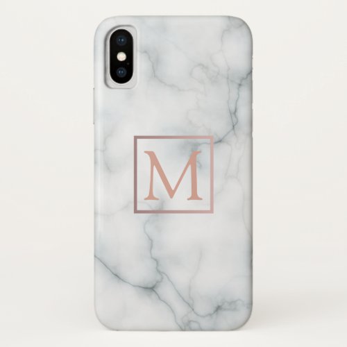 rose gold monogram on black and white marble stone iPhone x case